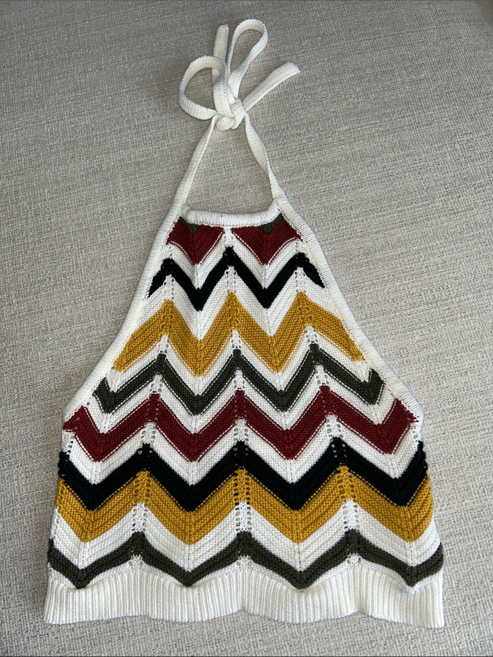 Forever 21 White Chevron Halter Crop Top with Mustard, Black & Burgundy Stripes